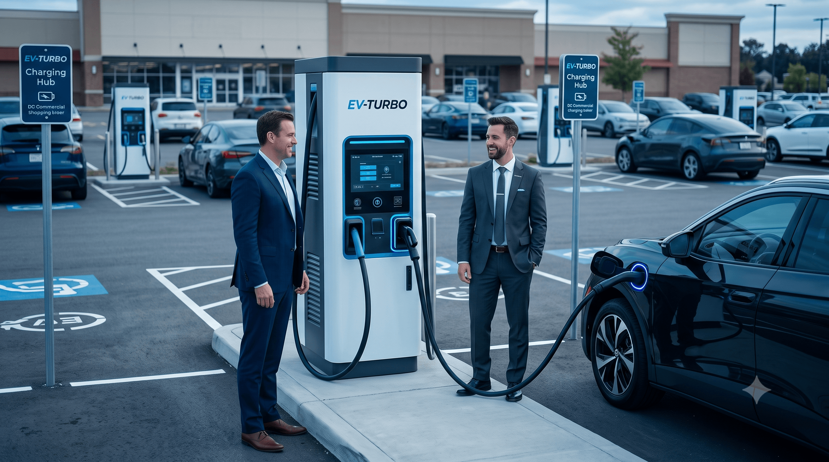 Property owner and EV Turbo representative viewing an operational charging site