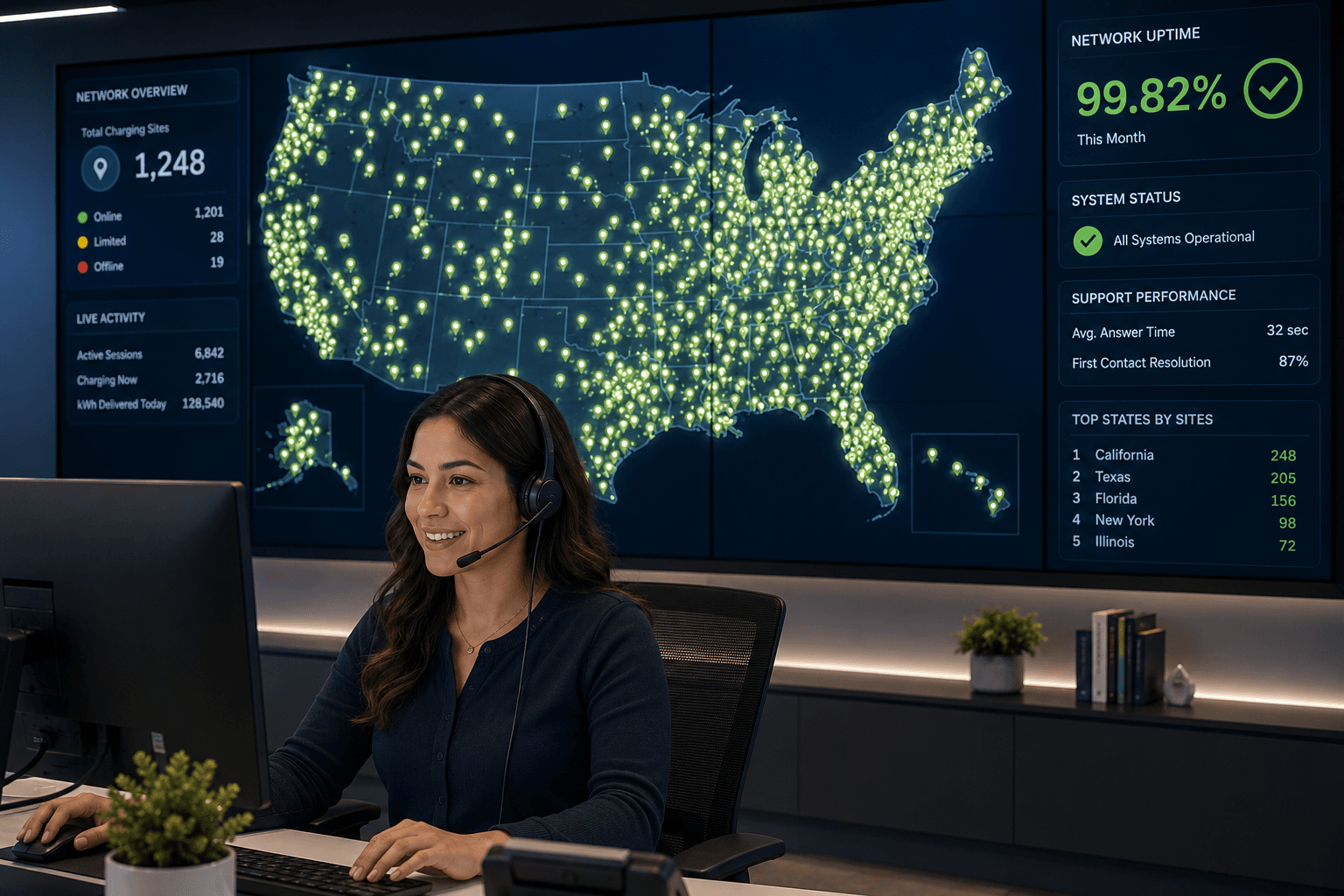 Customer support representative monitoring a nationwide charging network